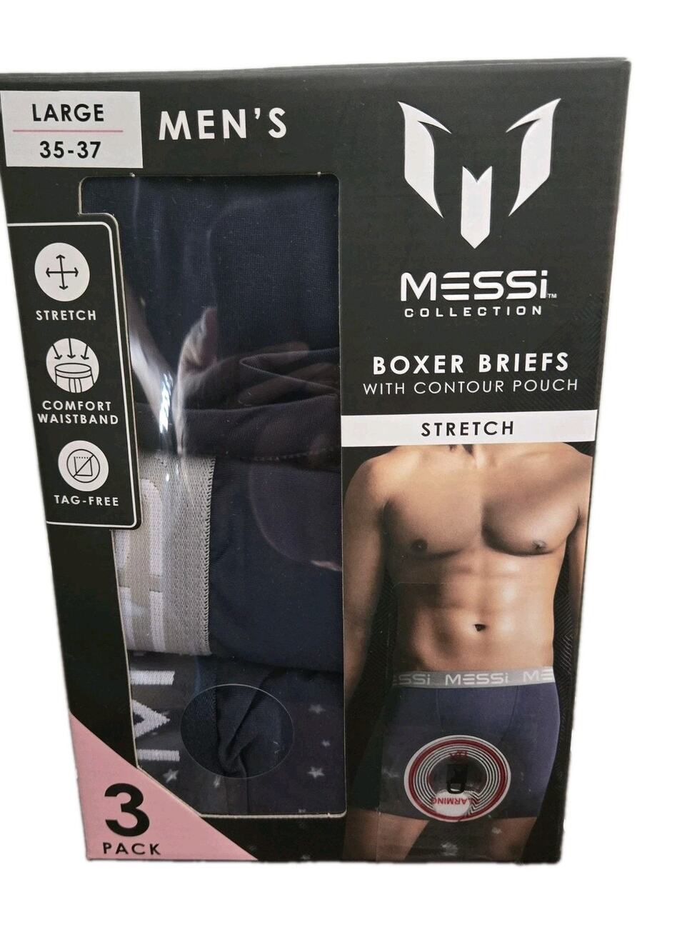 Messi Collection 3 Pack Mens Stretch Boxer Briefs Black LARGE NEW